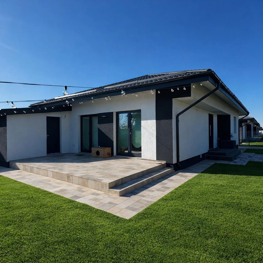 Completed single-storey home with a glazed terrace entrance